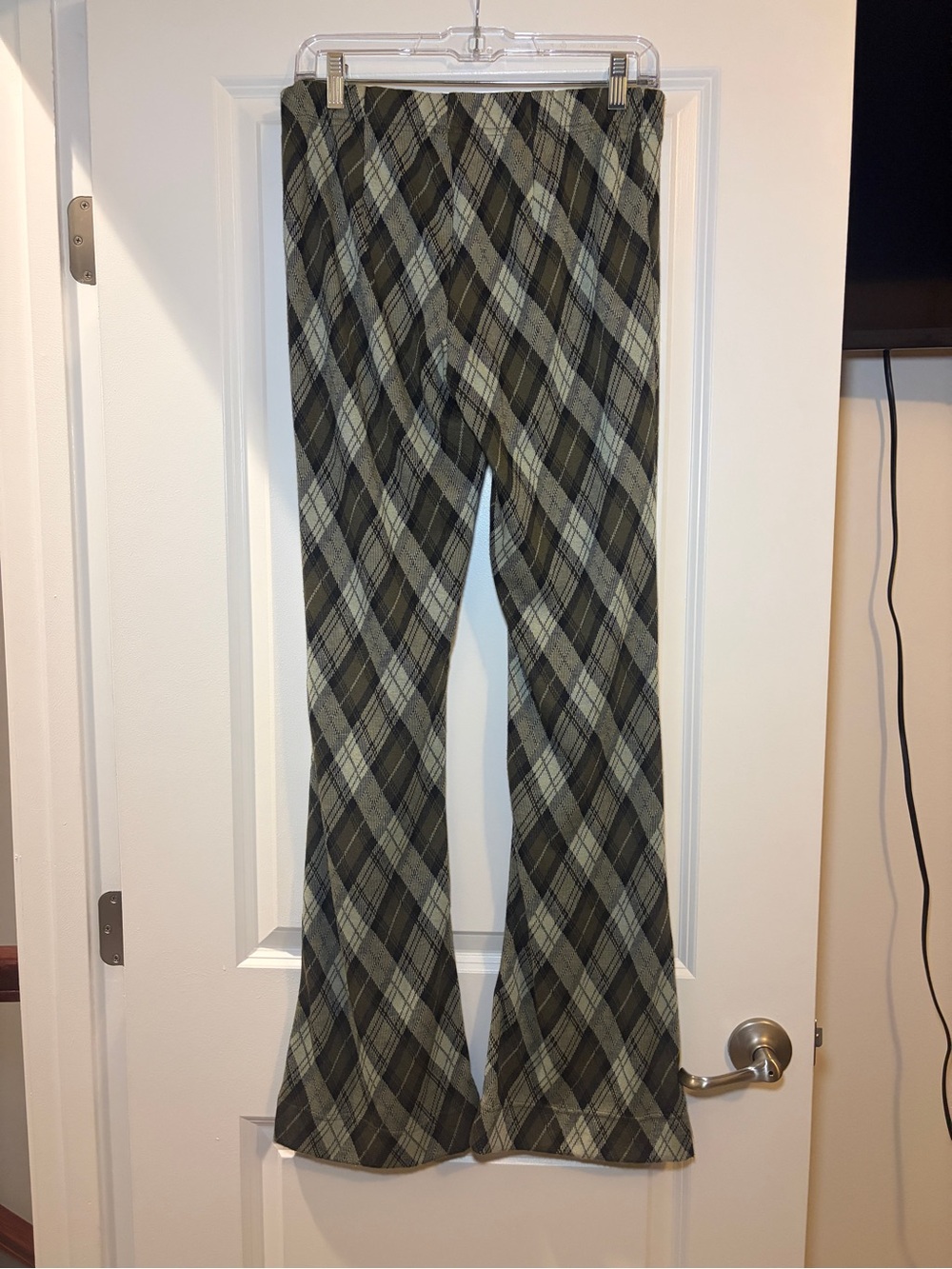 Free People | Olive & Brown Plaid Chloe Flare Leg Knit Pants NWT - Picture 3 of 9